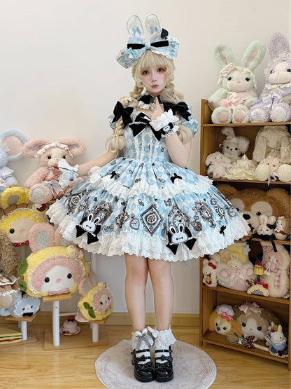 Blue White Diamond Sweet Lolita OP Dress with White Apron - Untitled Heartbeat