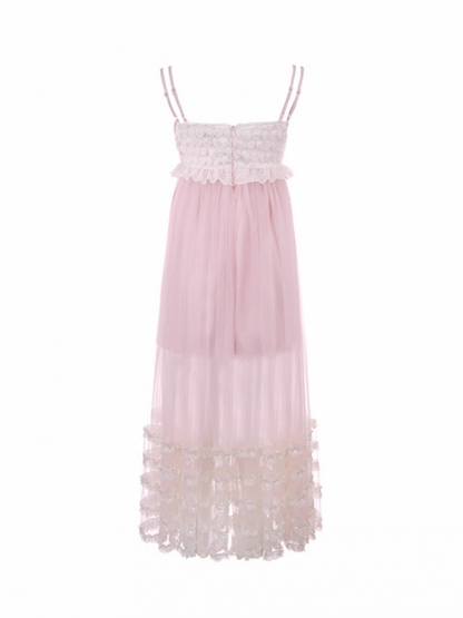 Rosa Länge Slip Spitzenkleid Rüschen Bowknot Tiered Knöchel mit