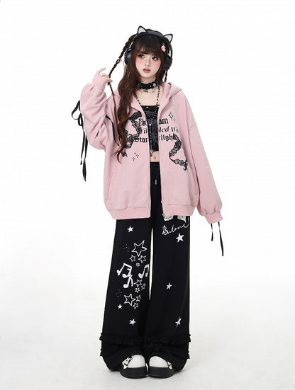 ヴィンテージ ブラック/ライトグレー リボン＆スタープリント ワイドレッグパンツ