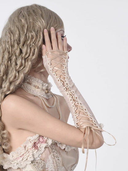 Apricot Lace-up Straps Gloves
