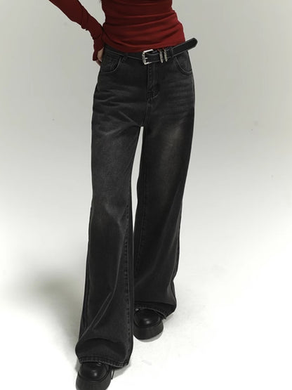Dunkelgraue, verblasste Vintage-Jeans mit weitem Bein