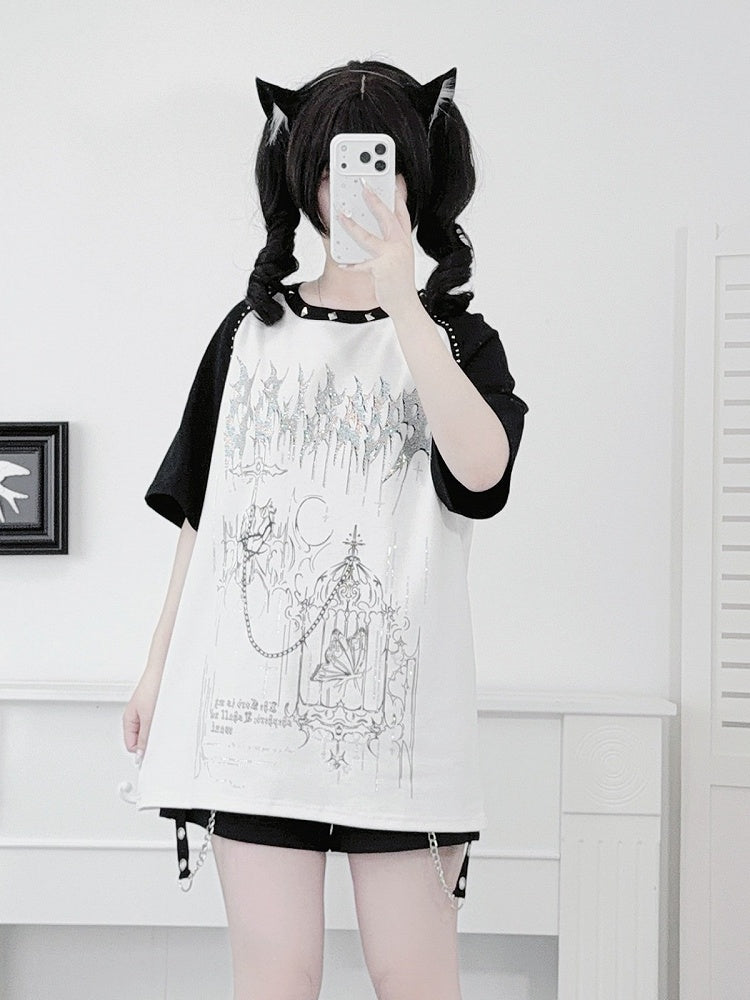 White Landmine Style Raglan Short Sleeve Tee with Hot-Fix Rhinestone & Graphic Accents - Puzzles