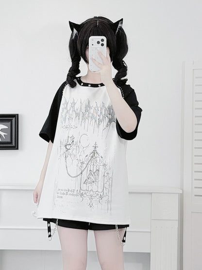 White Landmine Style Raglan Short Sleeve Tee with Hot-Fix Rhinestone & Graphic Accents - Puzzles