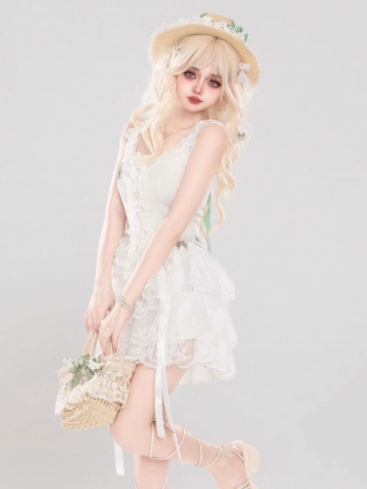 Trim Cami Ruffle Accents White Cascading And With Top