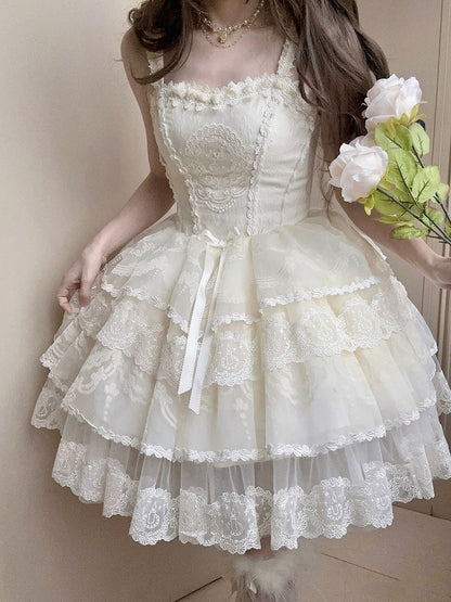 Korsett Stufenkleid Lolita Rock Weiß Creme Prinzessin