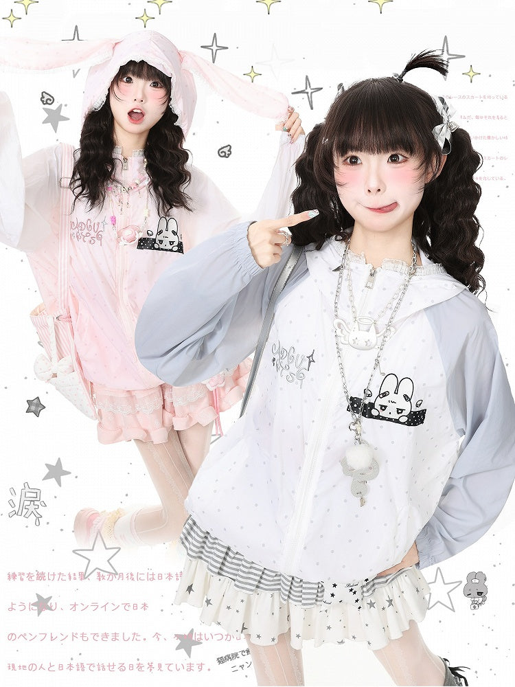 Cute Pink Bunny-Ear Hooded Sun Coat with Polka Dots