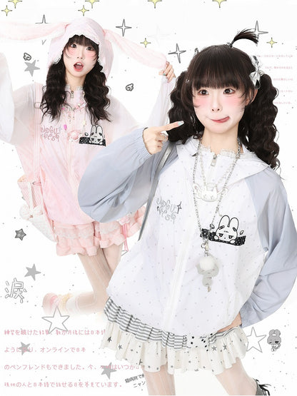 Cute Pink Bunny-Ear Hooded Sun Coat with Polka Dots