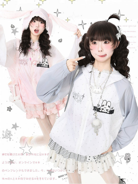 Charming White Rabbit-Ear Hooded UV Coat with Dotted Print