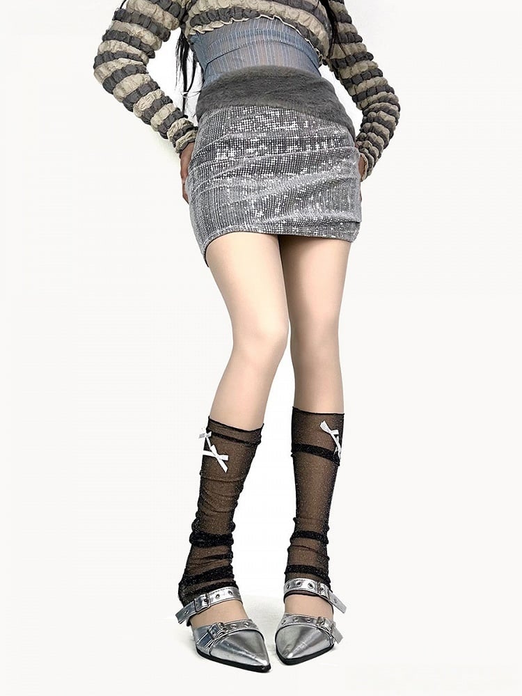 4 Warmers Leg Shimmer Design Fine Thread Bowknot Accents Colors Mesh with