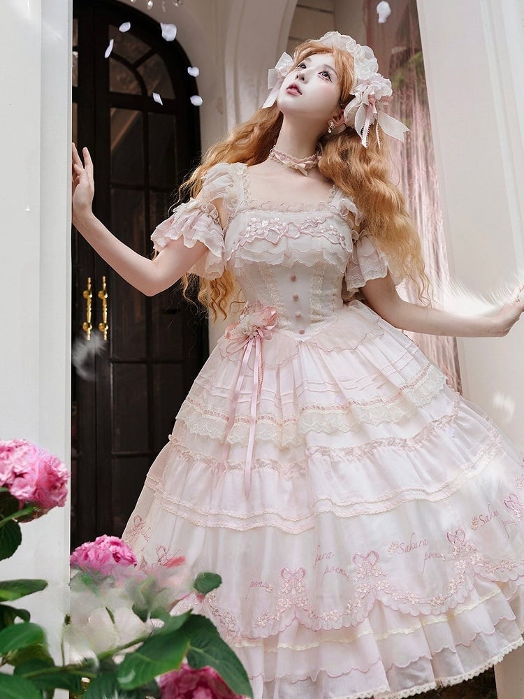 ウエスト刺繍バスクジャンパーピンクプリンセス桜スカートブロッサムチェリーロリータ