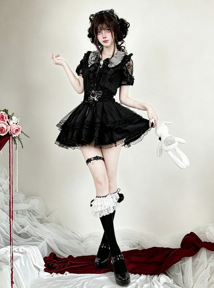 Midnight Lace-Shoulder Ruffle Blouse with Cutout Accents - AMAHAKAWA