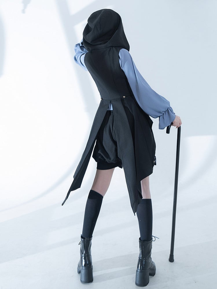 Bow Black with Ouji Train Back Fashion Big Waistcoat Hooded