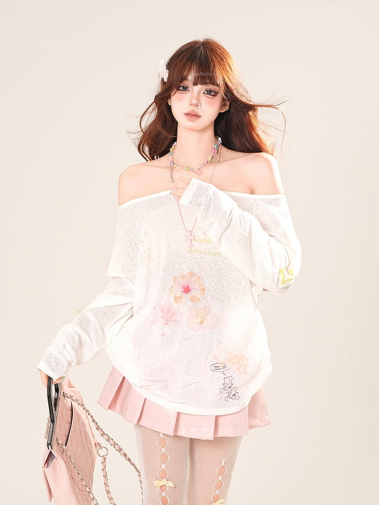 Coverup White Off-the-shoulder Neckline Floral Print Semi-sheer