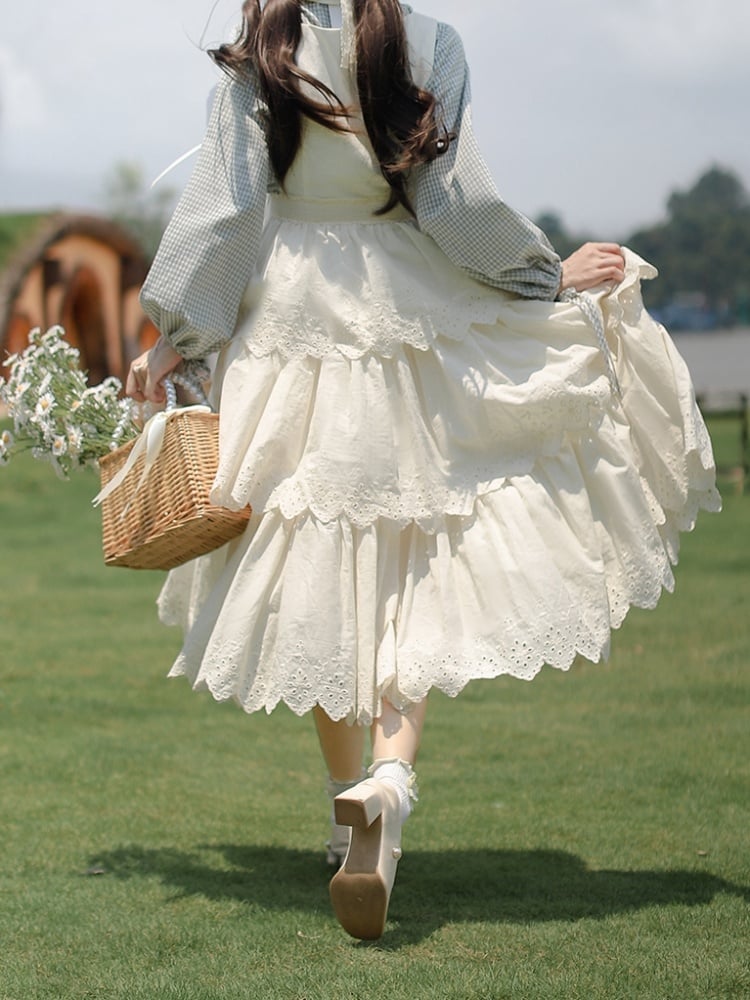 Lace-up White Cottagecore High Waist Overall Dress Tiered Skirt
