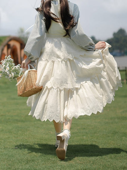 Lace-up White Cottagecore High Waist Overall Dress Tiered Skirt