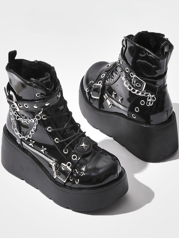 Platform Boots Ankle - Chain Black Charm Detachable Punk