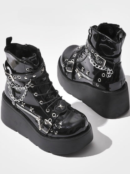 Platform Boots Ankle - Chain Black Charm Detachable Punk