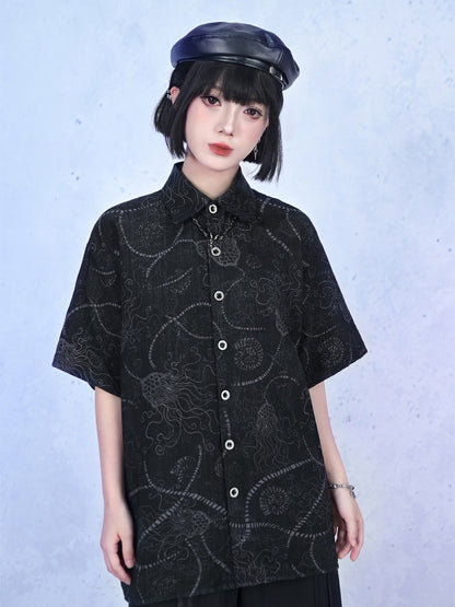 Black Sea Lily Print Loose Short Sleeve Shirt - Quirky Hut