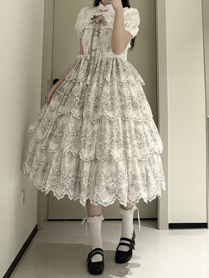 White Classic Scallop Trim Skirt Lolita Print Embroidered Layered Floral Jumper with