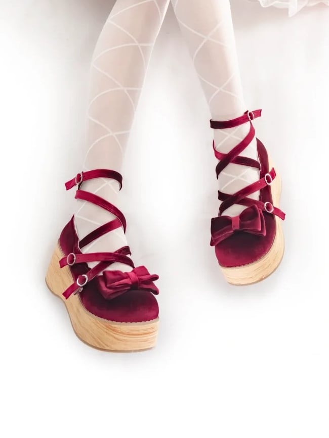 Riemen Mary Crisscross - Plattform Samt Akzente Lolita Schleife Wein Sweet Red Janes
