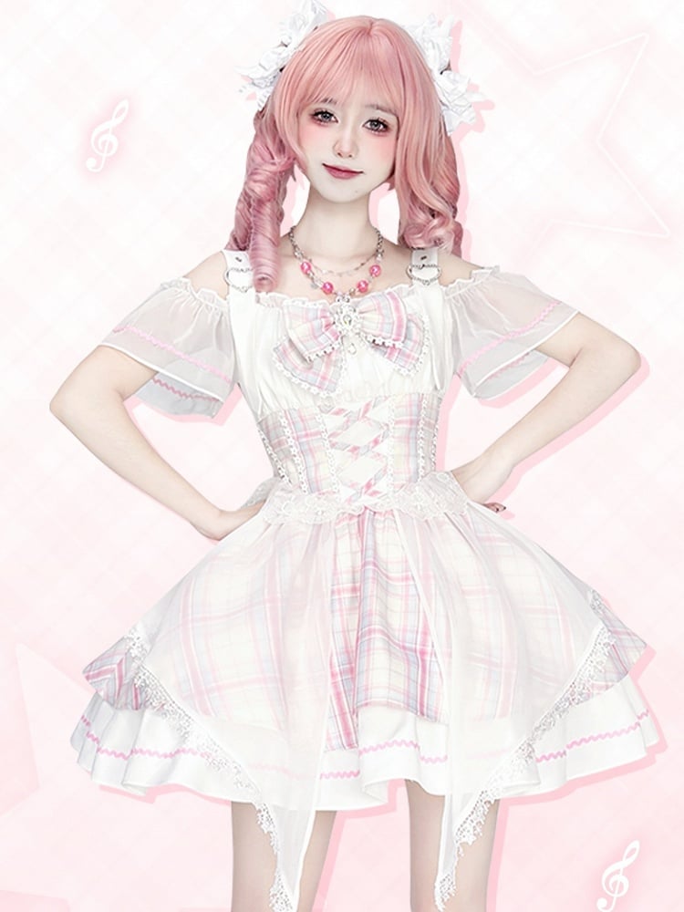 with Off-the-shoulder Pink Skirt Neckline Sweet Bowtie Lolita Jumper Free Idol Plaid