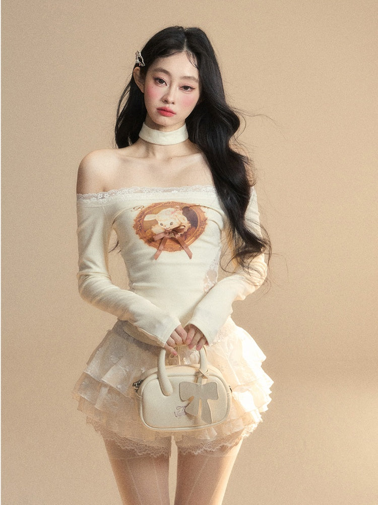 Lamm Print Taille Glamouröse Top Patches Apricot Off-the-Shoulder Spitzenausschnitt