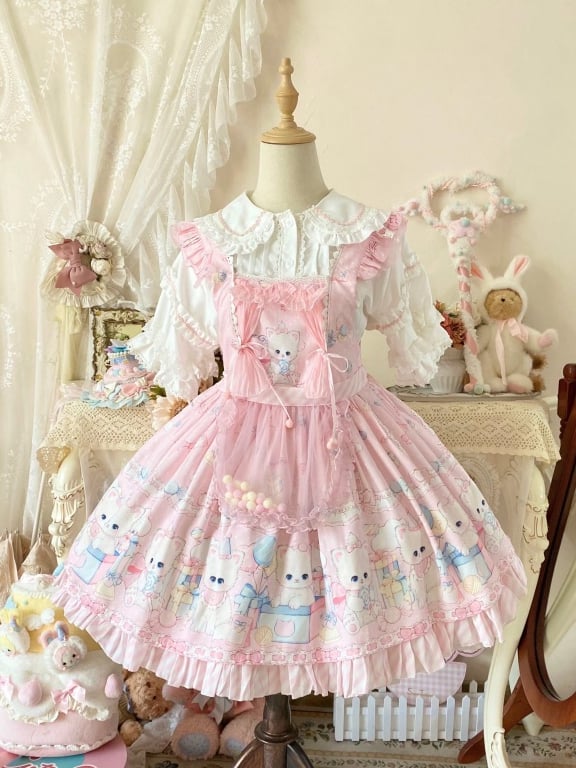 Süßes Lolita-Overallkleid mit rosa Kätzchen- und Tupfenmuster