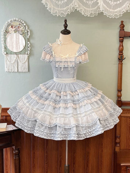 エレガントなトリムプリーツフリルクラシックロリータドレスブルーの詳細と