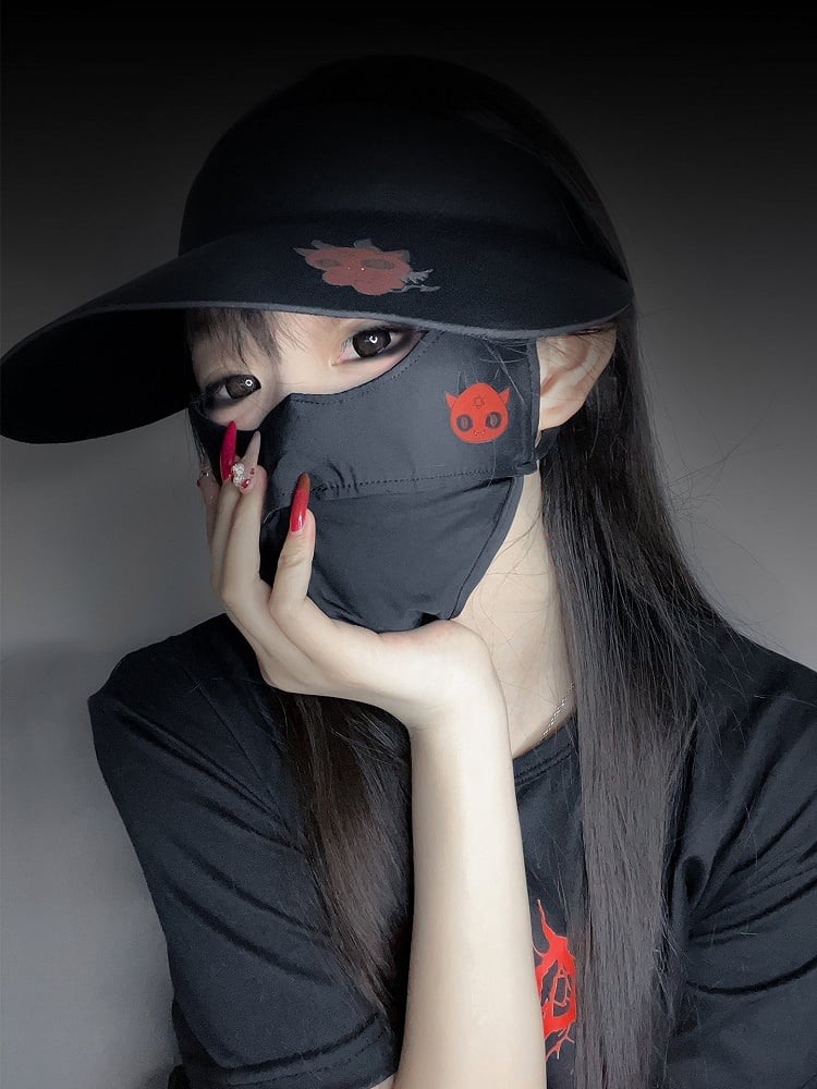 Red Hat Gothic Black Devil Print With Sun Protection