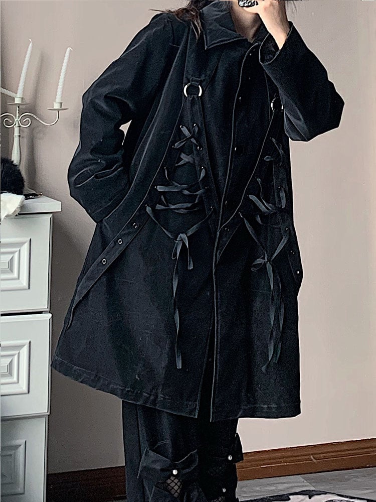 Coat with Loops Lacing Chest Black Crisscross Plush-Lined Punk