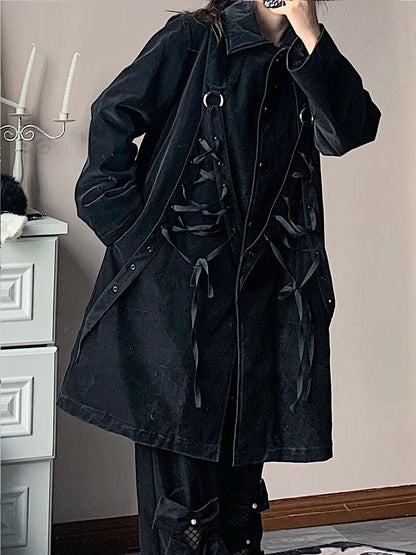 Coat with Loops Lacing Chest Black Crisscross Plush-Lined Punk