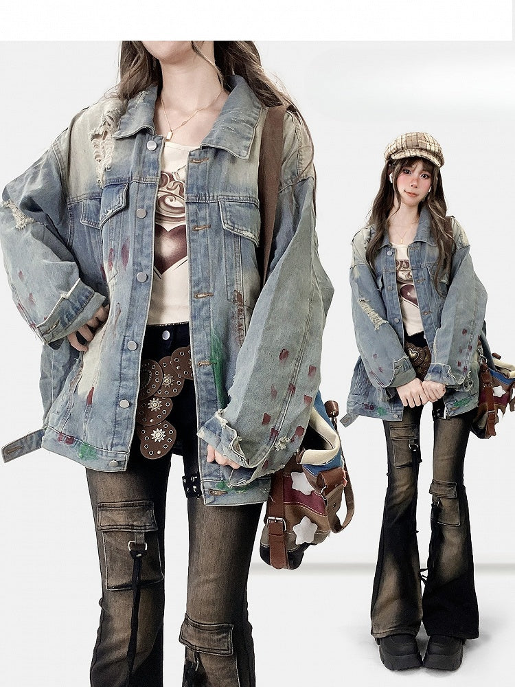 Design Jacke Löcher Distressed Details Blau Print Light Denim