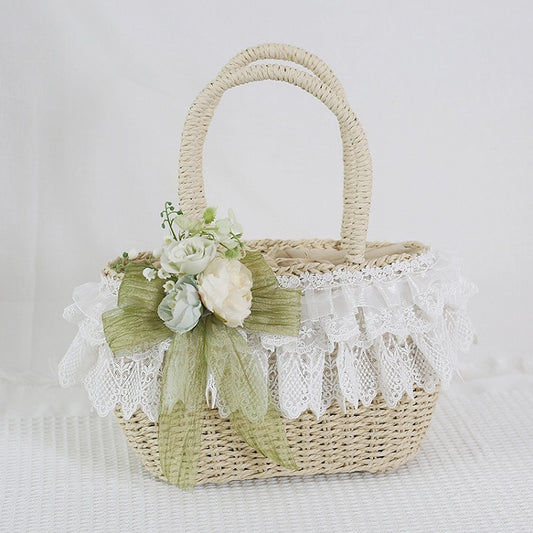 Trimmed Bowknot Handbag Lace Floral Straw Fresh Lolita