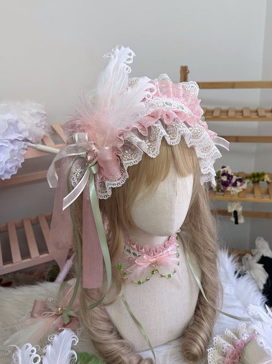 Pink Ruffled White Feather Bow Hairband Lace