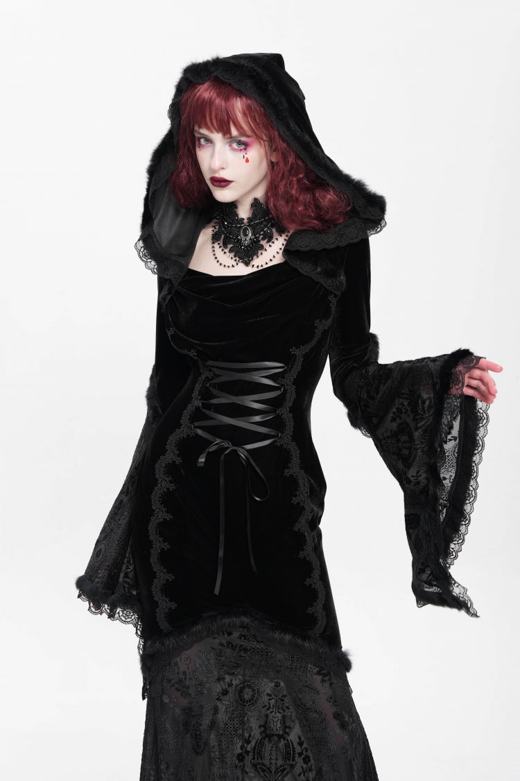Black Long Trumpet Sleeve Hooded Mesh Gothic Dress Embroidery
