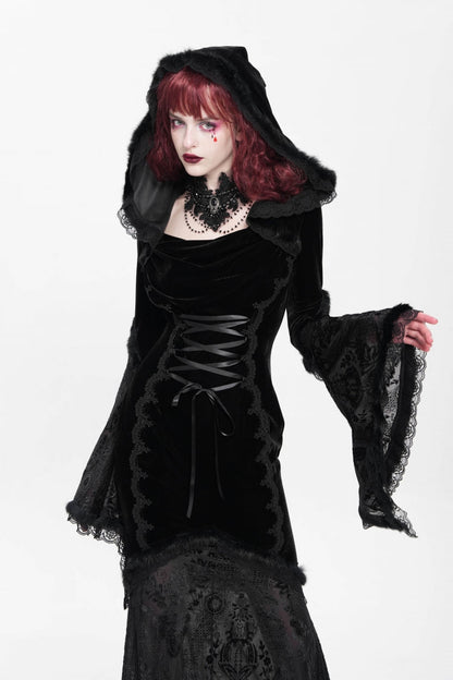 Black Long Trumpet Sleeve Hooded Mesh Gothic Dress Embroidery