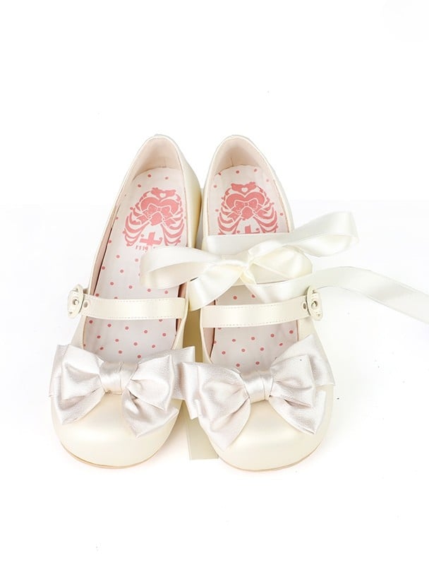 Round Ankle at Lace-up Heels Sweet Beige Toe Low Bow - Top