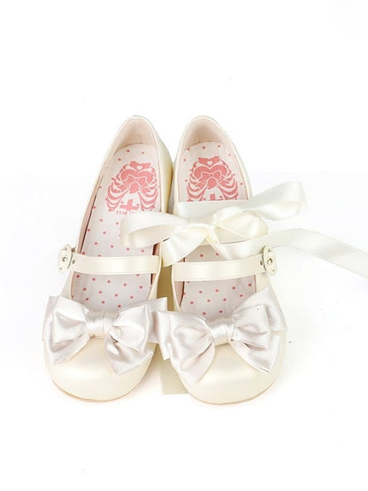 Round Ankle at Lace-up Heels Sweet Beige Toe Low Bow - Top