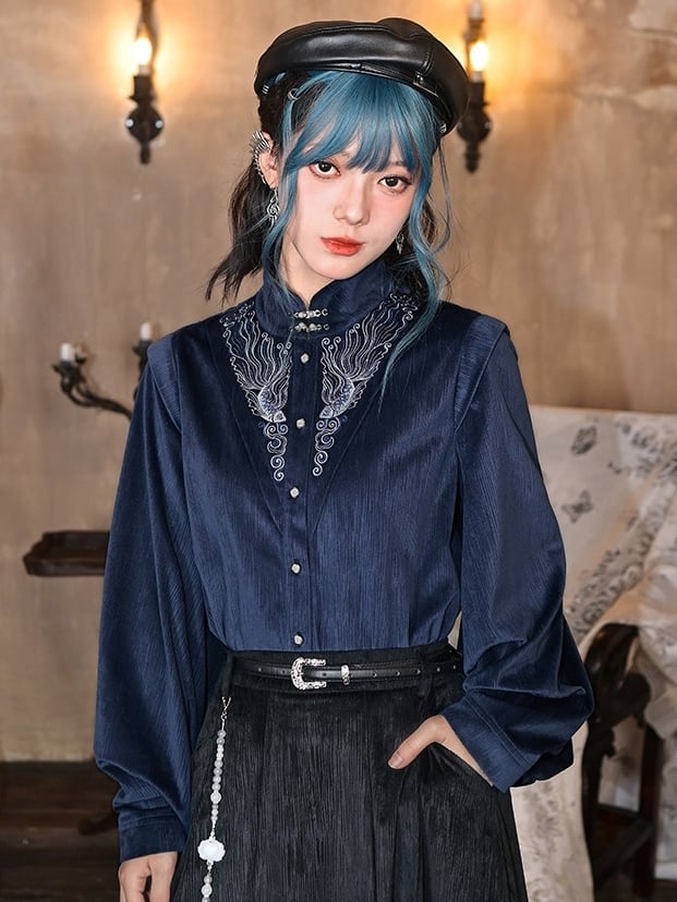 Sleeves Cheongsam - Collar Navy Blue Blouse Goth Mandarin Pipa