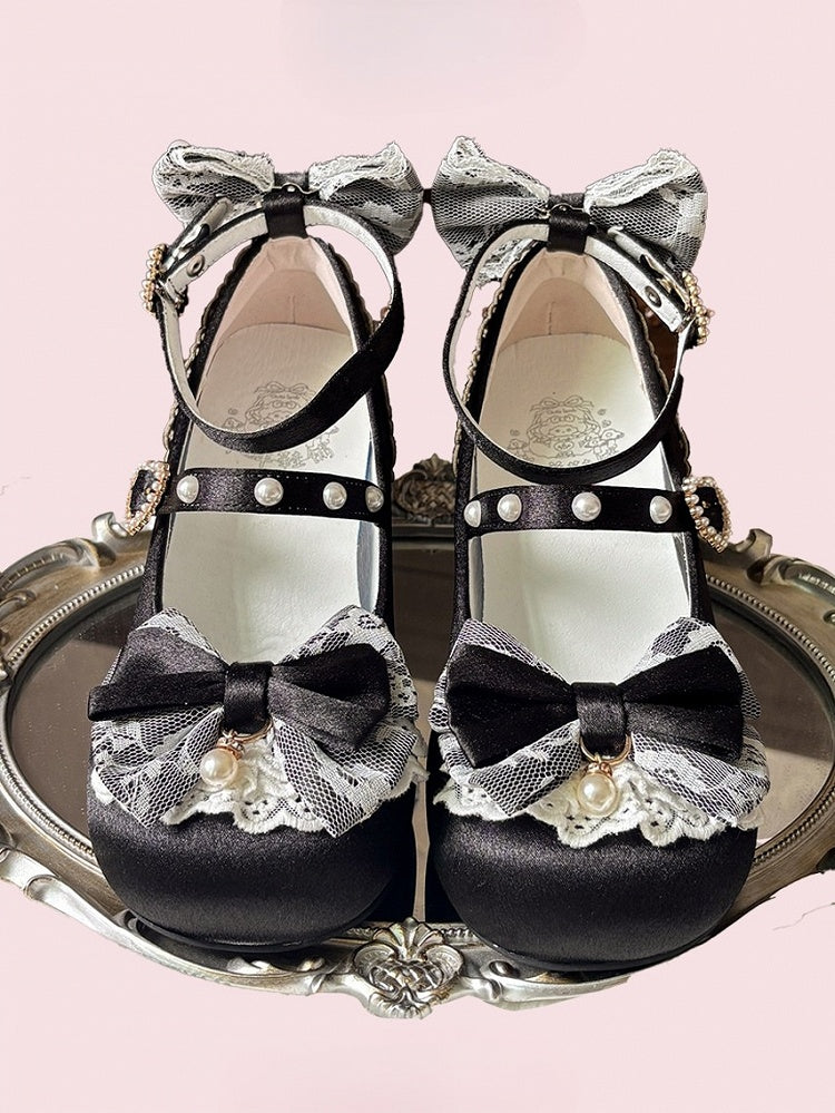 Mary Low - Satin with Lace Heart Sweet Heel Lolita Janes Trim Snap Black Beaded