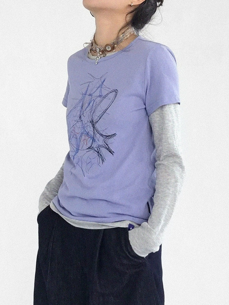 T-Shirt Short Y2K Print Round Version Sleeve Purple with - Graffiti Neck