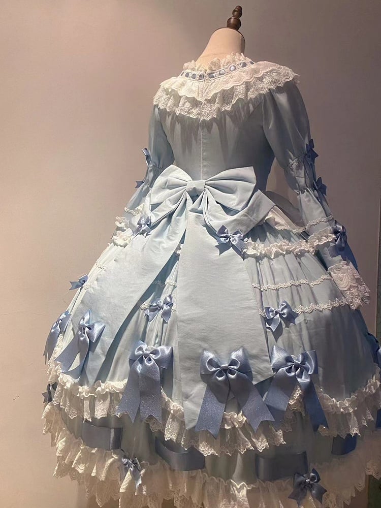 Trims Blue Bell with Lolita and Sleeves White Bow Lace Dress Hime Decorations