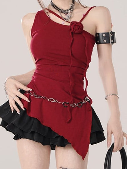 Asymmetrical Shoulder Sleeveless Top with Rose Accent Red