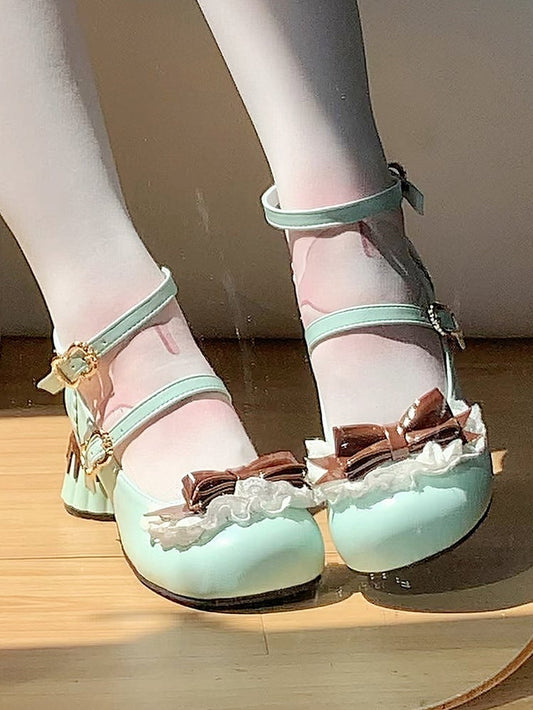 in PU Design Mid-heel Toe Round Shoes Green Brown Sweet Lolita with