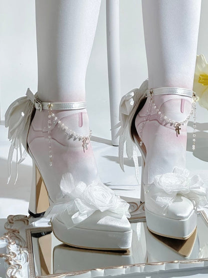 White Beadwork Motifs Regular Floral High Interchangeable Bowknot Heels in with Gothic Ornate Version Details