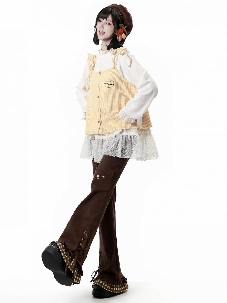 Silhouette Design Brown Details Bear - Pants Hem Lace-Up Flare Motif Tiered with