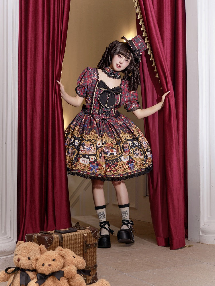 Print Puff Lace Lolita Trim Sleeves Dress Red and Black Bear Sweet Plaid with