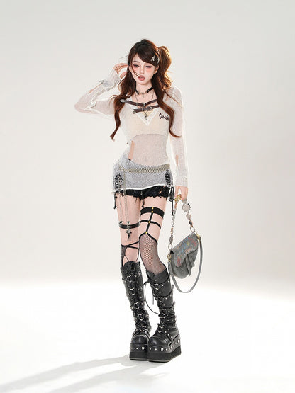 メッシュ ホワイト/グレー ホール Vネック バックルストラップ ダメージ加工