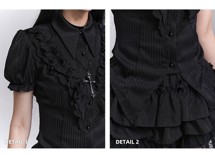 Pointed Flat Collar Curved Hem Gothic Puff Sleeves Blouse Pattern Black Striped