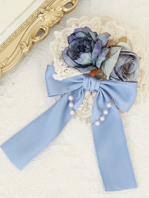 Hairclip/Brooch Beige Lolita Floral Bowknot Blue